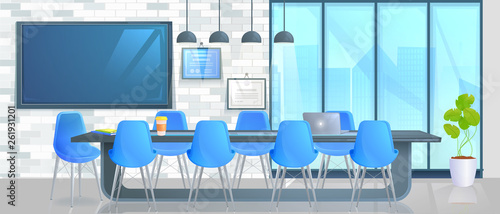 Boardroom Interior Design Home Decor Panorama Banner Office Conference Hall With Long Table With Modern Chairs And Full Hd Tv And Loft Block Wall Vector Catroon Illustration Buy This Stock Vector