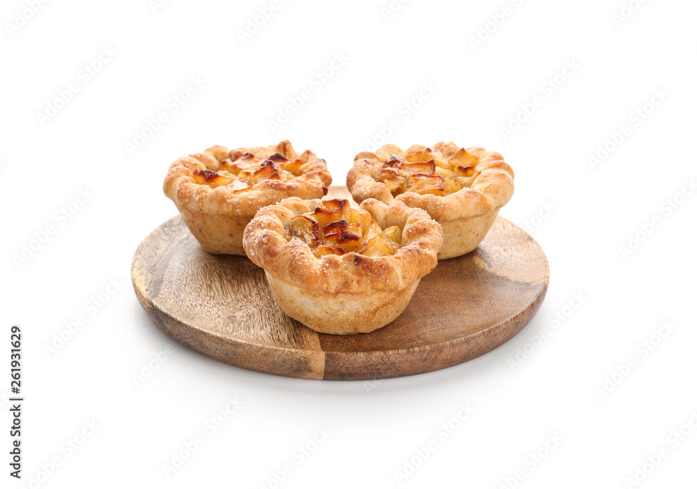 Tasty apple pies on white background