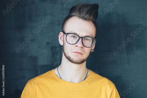 Portrait Of Handsome Hipster Guy With Comb Over Haircut