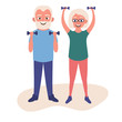 Old man and woman doing fitness exercises with dumbbells together. Elderly people active lifestyle. Vector illustration