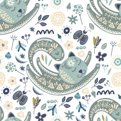 Wall Mural - Tribal cat seamless vector pattern.
