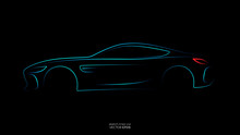 Modern Car Sketch Line Silhouette Blue And Green Light Isolated On Black Background In Side View. Vector Illustration In Concept Technology Electric Car, Self Drive Car
