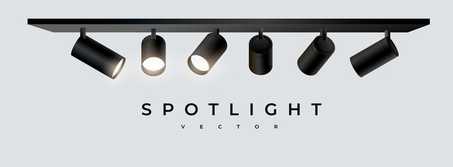 Wall Mural - set modern black spotlights realistic transparent background for show contest or interview.illuminat
