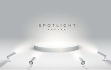 Four Spotlights Shine From The Bottom To The Podium. Round Podium, Pedestal Or Platform Illuminated By Spotlights On White Background. Stage With Scenic Lights. Vector Illustration.