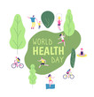 © MicroOne - World health day concept. Healthy lifestyle man woman fitness diet fun runner healthcare vector background. Illustration of fitness runner, health run sport