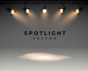 Wall Mural - spotlights with bright white light shining stage vector set. illuminated effect form projector, illu