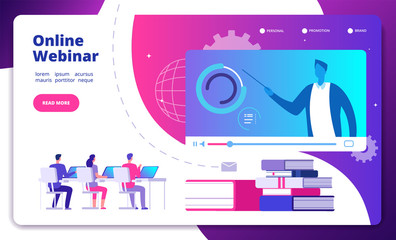 Wall Mural - Webinar concept. Online webinars seminar speaker student web consultation webcast e meeting video training course vector landing page. Illustration of webinar training, video online seminar