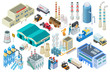 Isometric industrial buildings, workers, delivery trucks, factory and warehouse vector collection. Illustration of isometric industry, building industrial