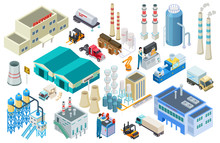 Isometric Industrial Buildings, Workers, Delivery Trucks, Factory And Warehouse Vector Collection. Illustration Of Isometric Industry, Building Industrial