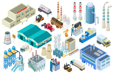 Wall Mural - Isometric industrial buildings, workers, delivery trucks, factory and warehouse vector collection. Illustration of isometric industry, building industrial