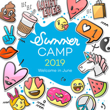 Summer Camp 2019 For Kids Creative And Colorful Poster With Emoticon Stickers, Vector Illustration
