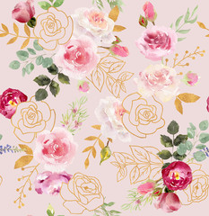 Wall Mural - Watercolor floral seamless pattern with golden elements