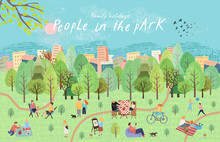People In The Park. Vector Illustration Of People Having A Rest On A Picnic In Nature. Drawing By Hand Active Family Weekend In The Forest By The Lake With A Barbecue, Children's Games, Walks.Top View