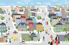 People In The City. Cute Cityscape Vector Illustration With People, Cars, Houses And Trees. Urban Panorama Drawing