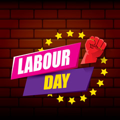 Happy labour day vector label with strong orange fist on red brick wall background. vector happy labor day background or banner with man hand. workers may day poster