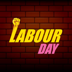 Happy labour day vector label with strong orange fist on red brick wall background. vector happy labor day background or banner with man hand. workers may day poster