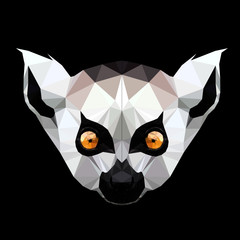 Canvas Print - Low poly triangular lemur face on black background, illustration isolated.  Polygonal style trendy modern logo design. Suitable for printing on a t-shirt.