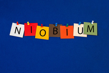 Niobium – one of a complete periodic table series of element names - educational sign or design for teaching chemistry.