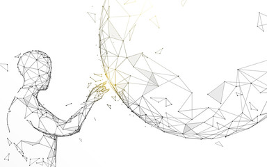 Fototapete - Man touching global from lines, triangles and particle style design. Illustration vector