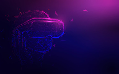 Fototapete - Man wearing virtual reality headset with neon glow from lines, triangles and particle style design. Illustration vector