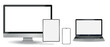 © kasheev - Set of modern devices mockups with blank frameless screens: monitor, laptop, tablet computer phone. Vector illustration