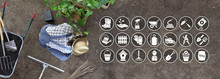 Man Work In The Vegetable Garden Place A Plant In The Ground, Icons And Symbols Of Gardening Equipment, Top View