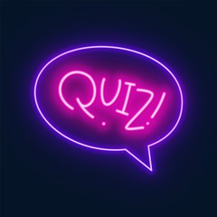 Neon quiz sign in speech bubble on dark background. Vector illustration