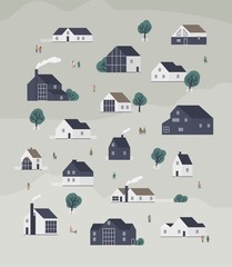 Fototapete - Banner template with town district with country cottages of modern Scandic architecture and walking people. Background with suburban living buildings or real estate. Flat cartoon vector illustration.