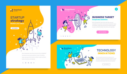 Vector set of template with business illustration with people on color background. Concept of startup strategy, technology, business target with text.