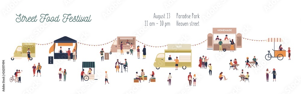 Horizontal web banner template for summer street food festival with people walking among vans and kiosks, buying homemade meals, eating and drinking. Vector illustration for event announcement. - obrazy, fototapety, plakaty 