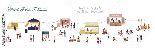 Cuadros en Lienzo Horizontal web banner template for summer street food festival with people walking among vans and kiosks, buying homemade meals, eating and drinking