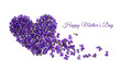 Mothers day card. Heart shape flowers. Violets love symbol isolated on white background. Template for greeting card, web design