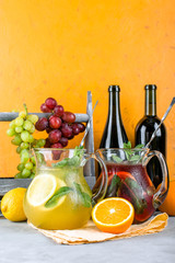 Tasty fresh Sangria, two jugs, wine drink, summer cocktail