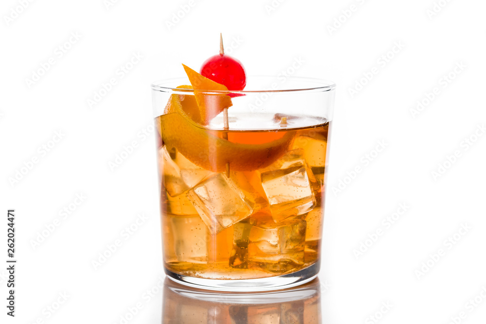 Old fashioned cocktail with orange and cherry isolated on white background - obrazy, fototapety, plakaty 
