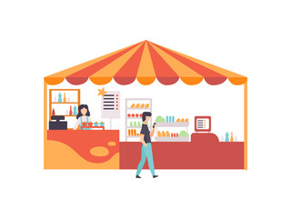 Poster - Street Vendor Booth with Food, Sweets and Desserts, Market Food Counter with Seller Vector Illustration