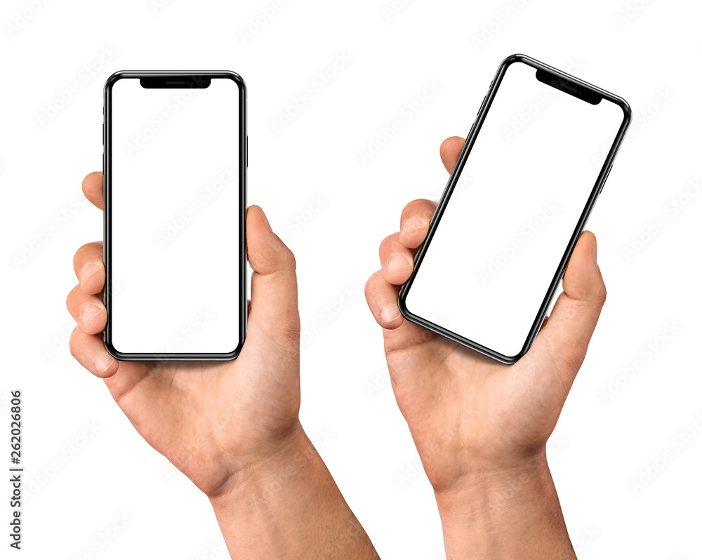 Hand holding smartphone with blank screen isolated on white front view - obrazy, fototapety, plakaty 