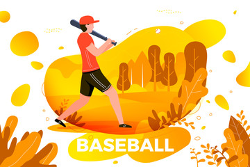 Vector illustration - young sporty man playing baseball. Court, park, trees and hills on bright yellow background. Banner, site, poster template with place for your text.