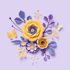 3d render, violet yellow craft paper flowers, botanical background, floral arrangement, festive bouquet, bright candy colors, isolated clip art, decorative embellishment