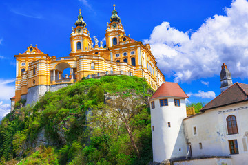 Wall Mural - Travel in Austria, Wachau valley, Danube river. Barroque abbey Melk