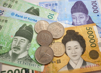 South Korean won banknote and coin as background. Finance business currency exchange concept.