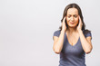 © denis_vermenko - Young beautiful woman over isolated background suffering from headache desperate and stressed because pain and migraine. Hands on head.