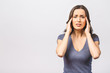 © denis_vermenko - Young beautiful woman over isolated background suffering from headache desperate and stressed because pain and migraine. Hands on head.
