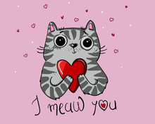  Illustration Character Design Cat Love With Heart For Valentine Day. Doodle Cartoon Style.