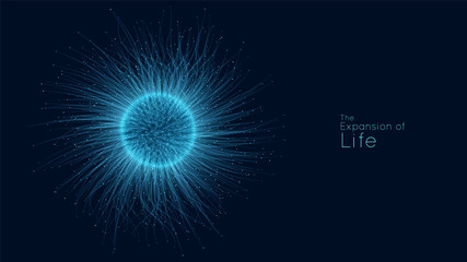 Wall Mural - Expansion of life. Vector sphere explosion background. Small particles strive out of center. Blurred debrises into rays or lines under high speed of motion. Burst, explosion backdrop.