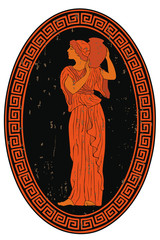 An ancient Greek woman in a tunic is standing with a jug in her hands. Vector oval medallion isolated on a white background.