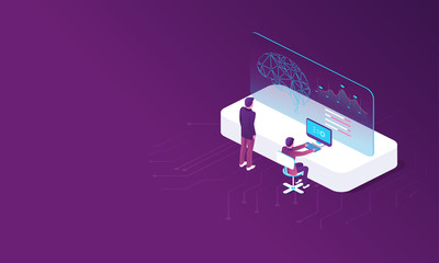 Digital technology banner. Modern template with artificial intelligence. Data analysis. Artificial intelligence in 3d style. Artificial intelligence digital brain future technology isometric