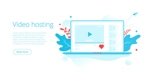 Video hosting concept in isometric vector illustration. Online streaming service background with laptop and like button. Social media layout template for web banner.