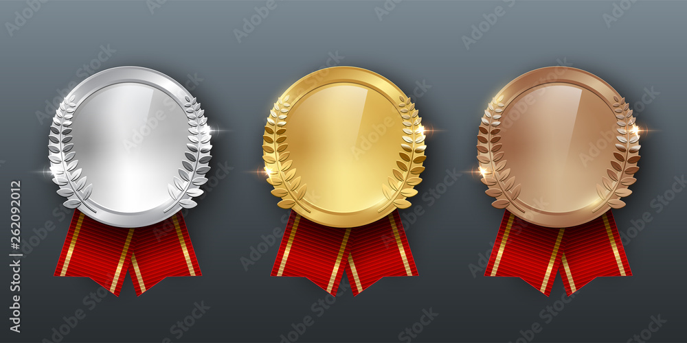 Award golden, silver and bronze medals with ribbons 3d realistic vector color illustration on gray background - obrazy, fototapety, plakaty 