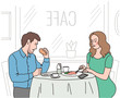 © Елена Поддубная - Dissatisfied man and woman have a breakfast in a cafe. Round table by the window. Vector illustration
