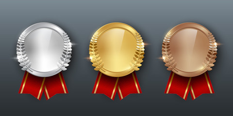 award golden, silver and bronze medals with ribbons 3d realistic vector color illustration on gray b